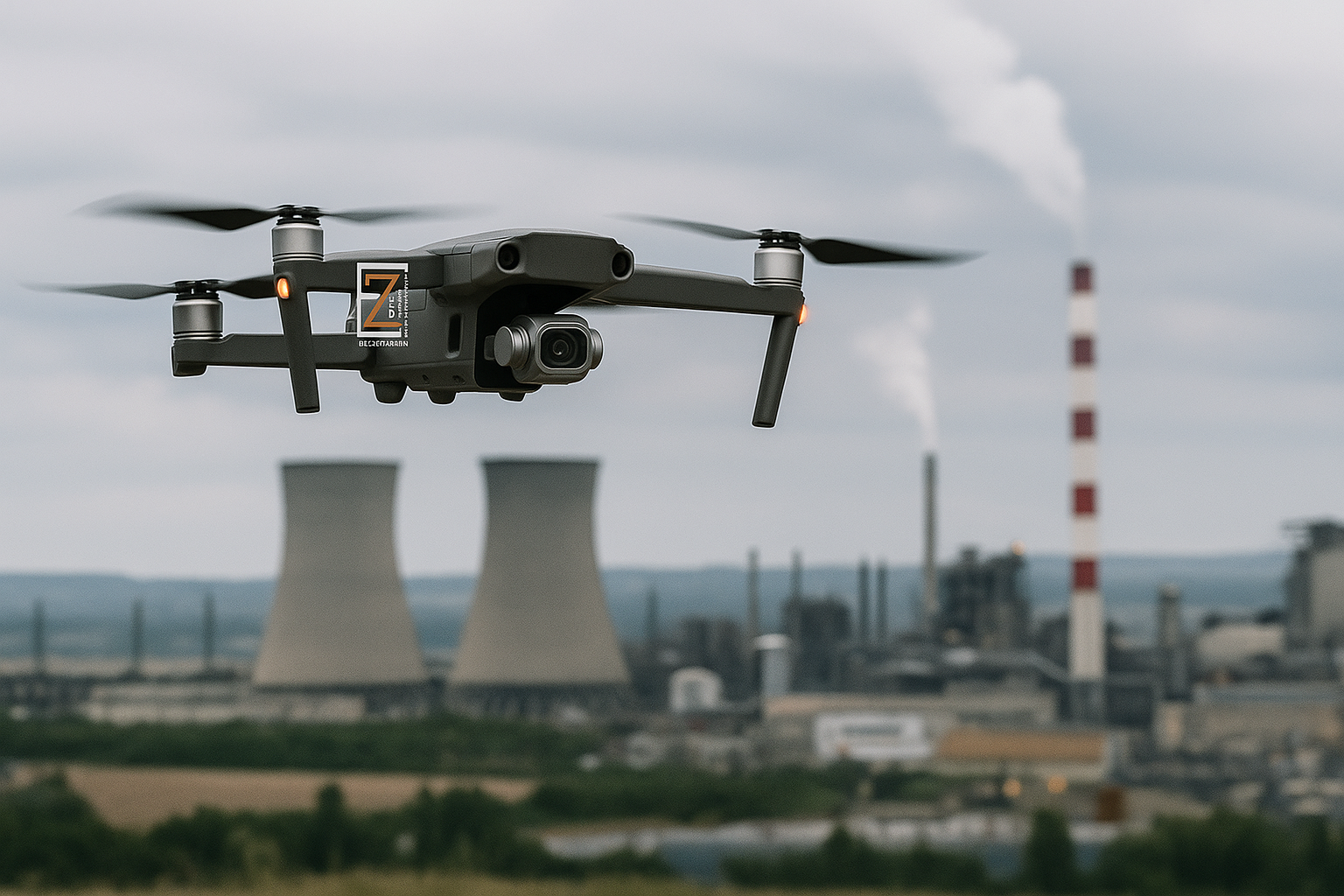 Dron sobrevolando industria